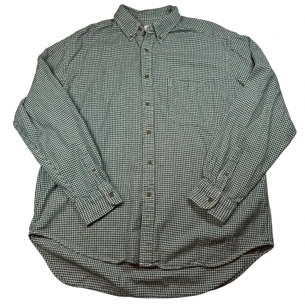 VTG 90s J Crew Oarsman Flannel Shirt Men L Green Houndstooth Button Down Cotton